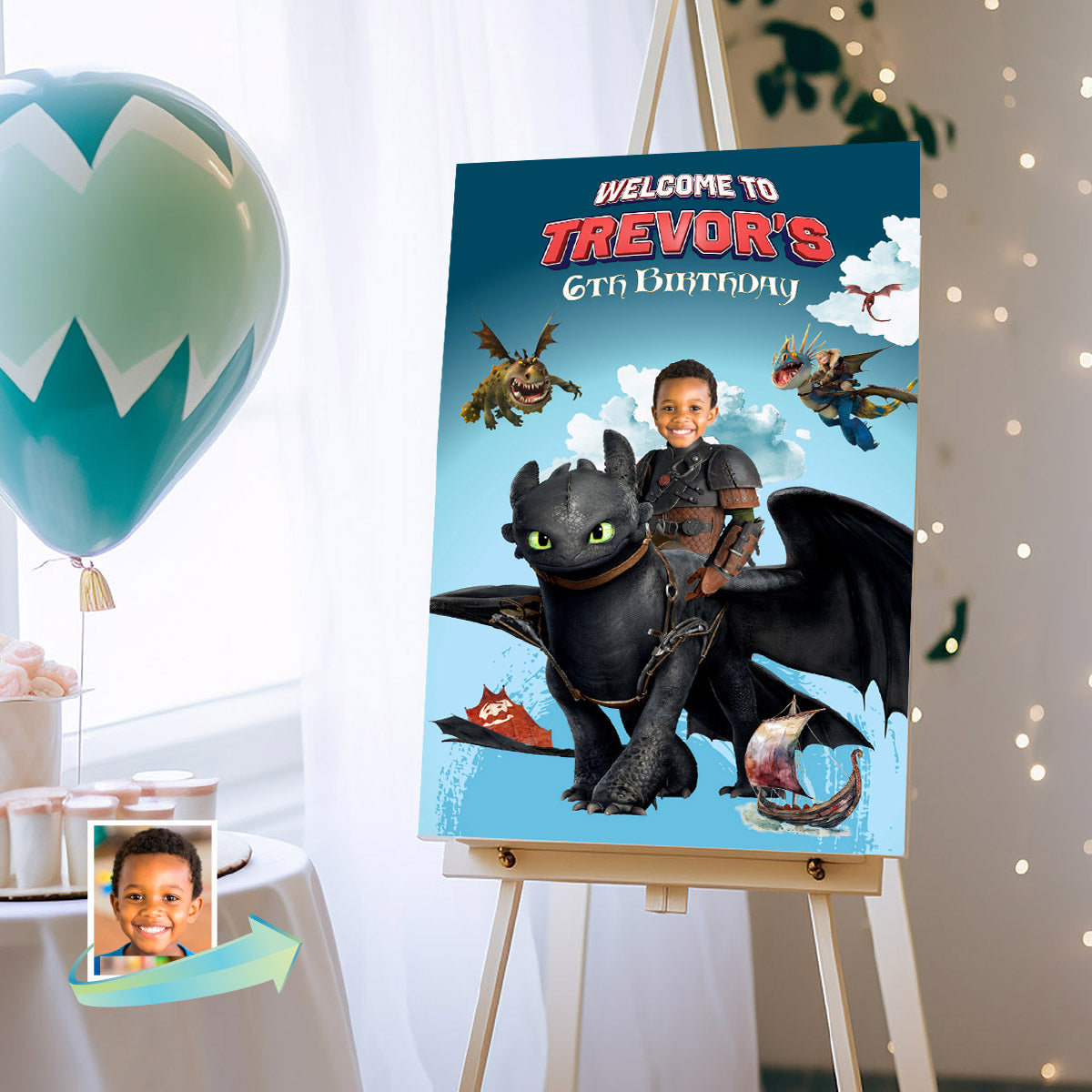 Personalized How to Train your Dragon Welcome Sign with Birthday Kid as Hiccup. 2339WSB