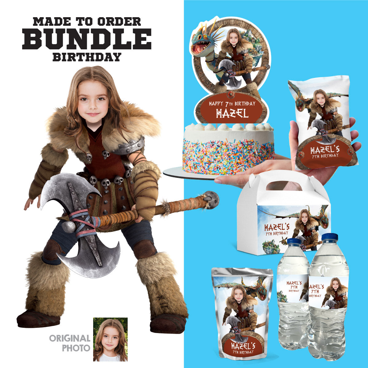Bundle Astrid and Stormfly Party table matching items, Cake, snacks and drinks, Chips, Favors. 2340B1