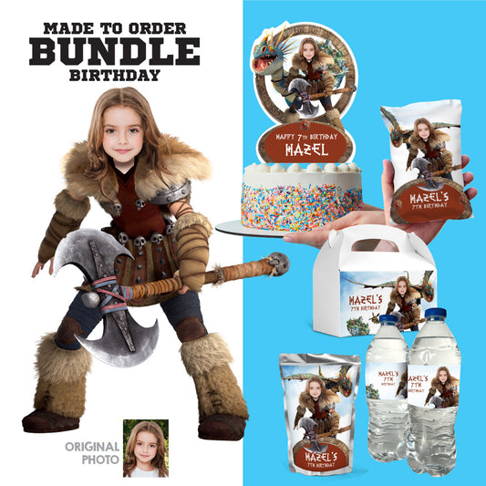Bundle Astrid and Stormfly Party table matching items, Cake, snacks and drinks, Chips, Favors. 2340B1