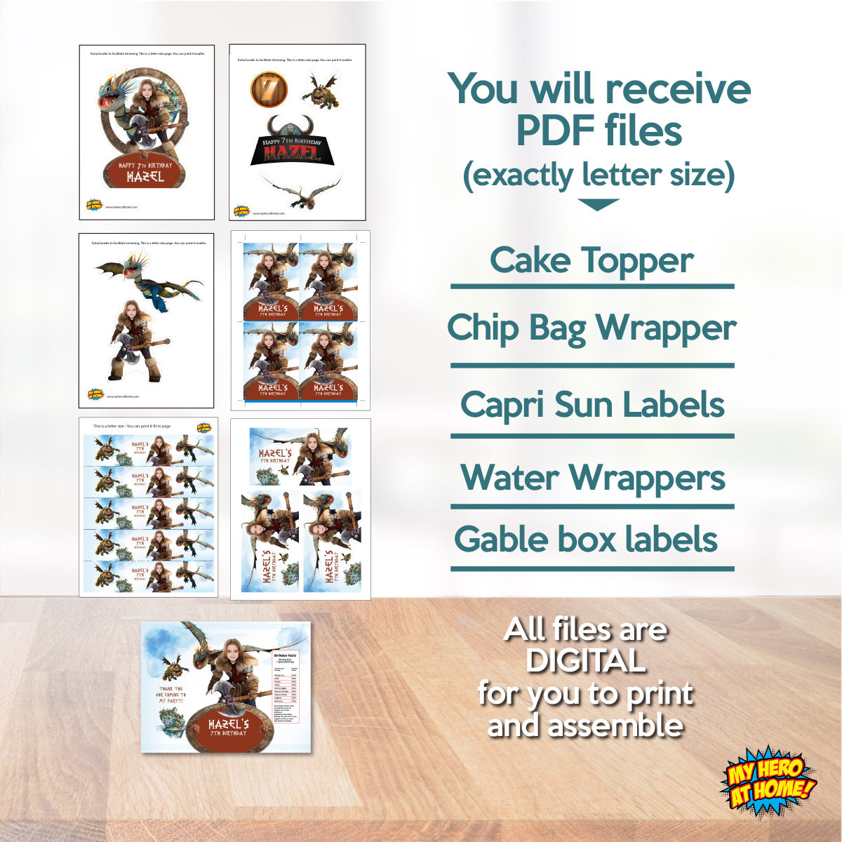 Bundle Astrid and Stormfly Party table matching items, Cake, snacks and drinks, Chips, Favors. 2340B1