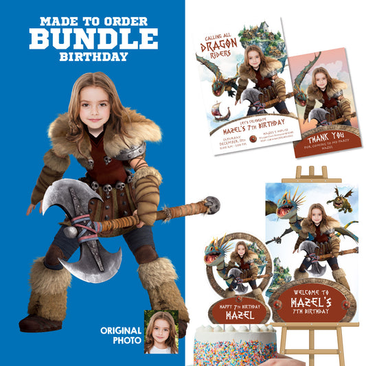 Bundle Astrid and Stormfly Birthday with your child as the star, Invitation, Thanks Tags, Cake and Welcome. 2340B2