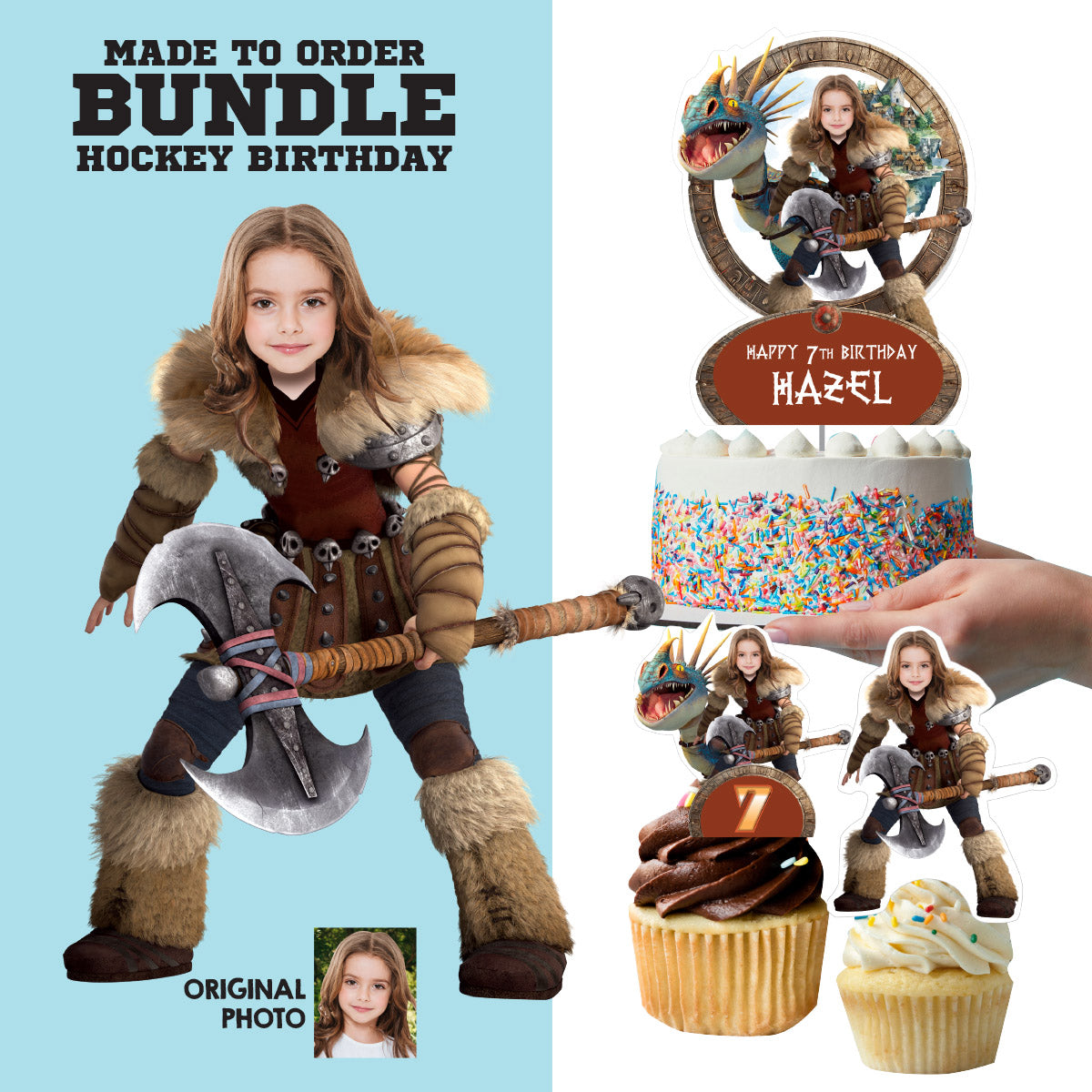 Matching cupcake and cake toppers for Astrid and Stormfly-themed birthday party with girl as the star. 2340B5