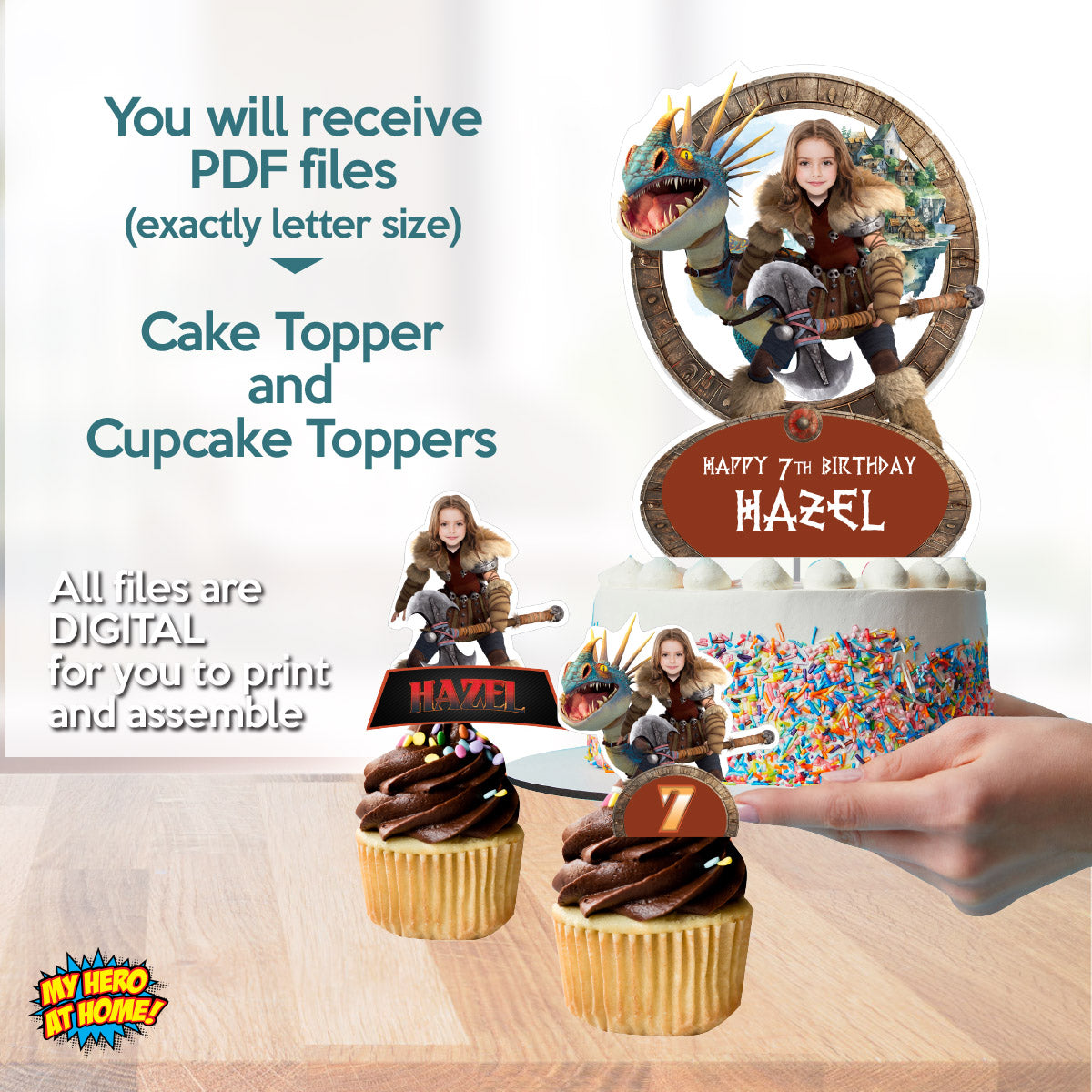 Matching cupcake and cake toppers for Astrid and Stormfly-themed birthday party with girl as the star. 2340B5