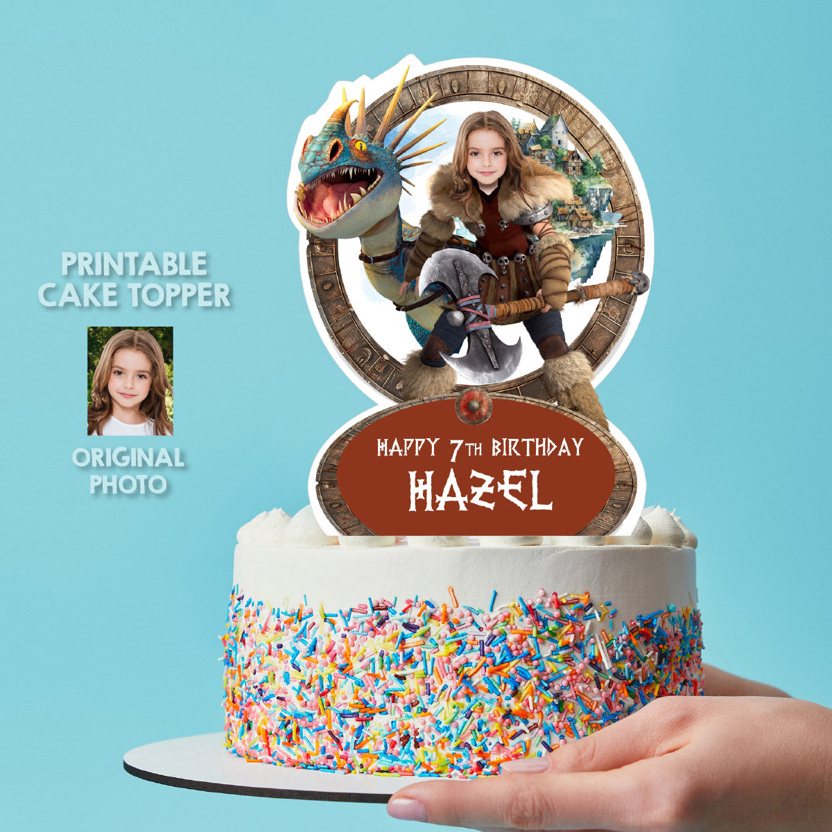 Matching cupcake and cake toppers for Astrid and Stormfly-themed birthday party with girl as the star. 2340B5