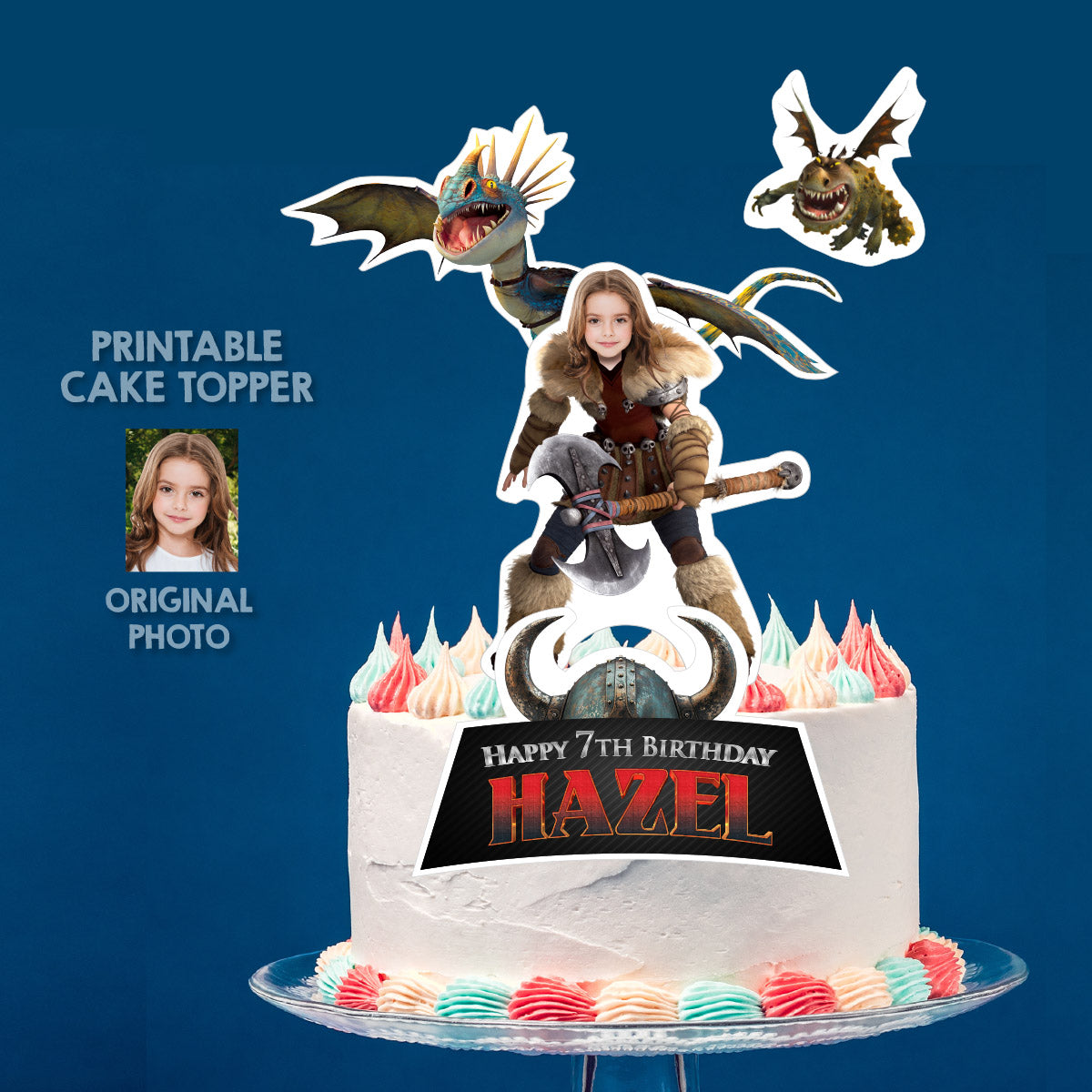 How to Train your Dragon cake topper featuring your girl as Astrid, Stormfly and Astrid cake printable. 2340CT