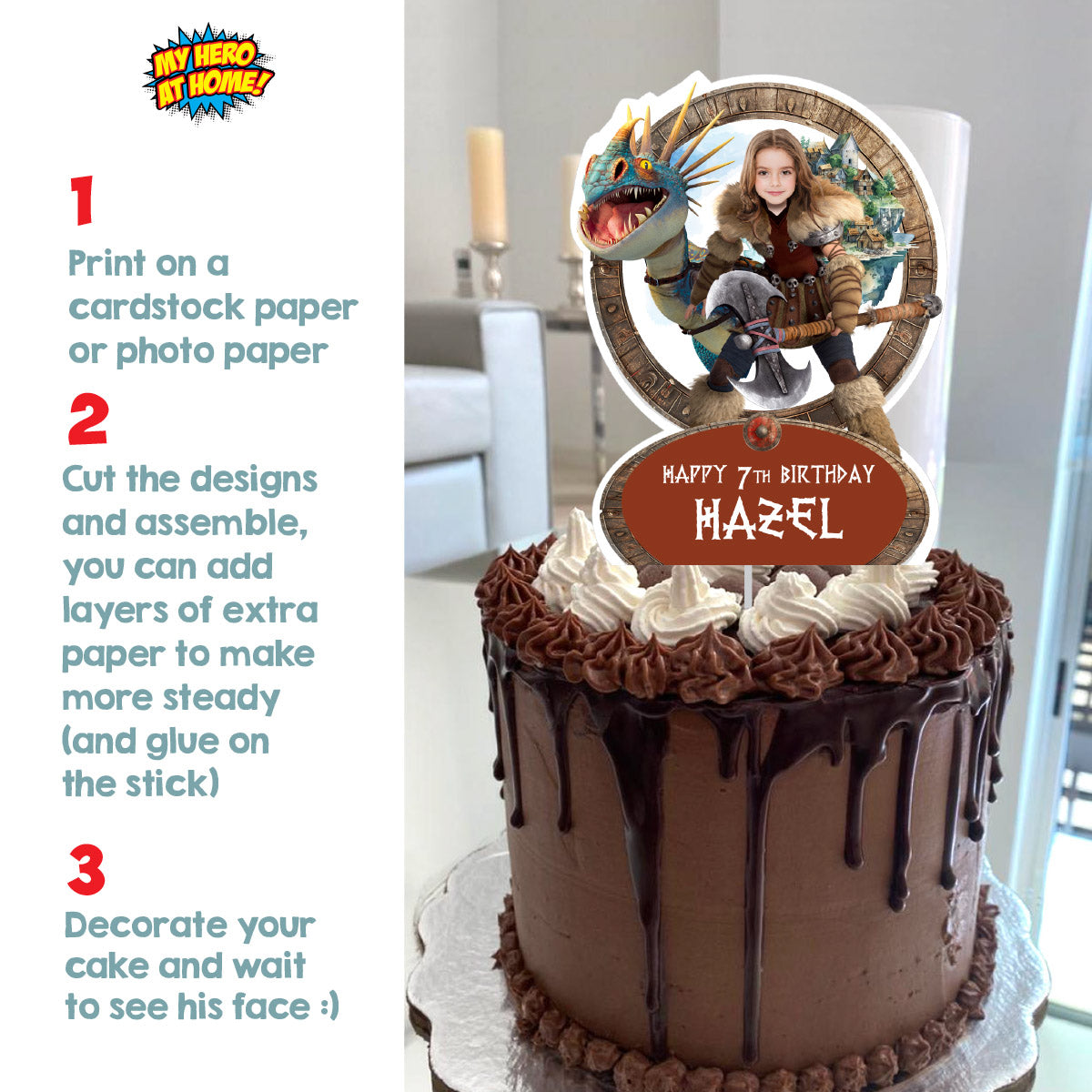 How to Train your Dragon cake topper featuring your girl as Astrid, Stormfly and Astrid cake printable. 2340CT
