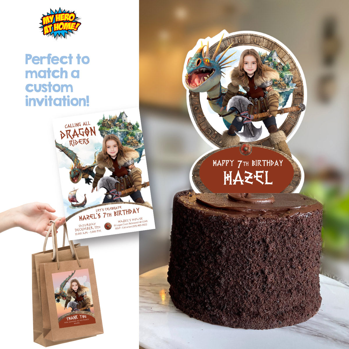 How to Train your Dragon cake topper featuring your girl as Astrid, Stormfly and Astrid cake printable. 2340CT