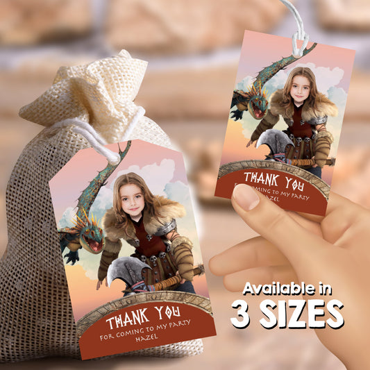 Astrid How to Train your dragon Thank You Card with your photo, Astrid and Stormfly favor tags.  2340TY