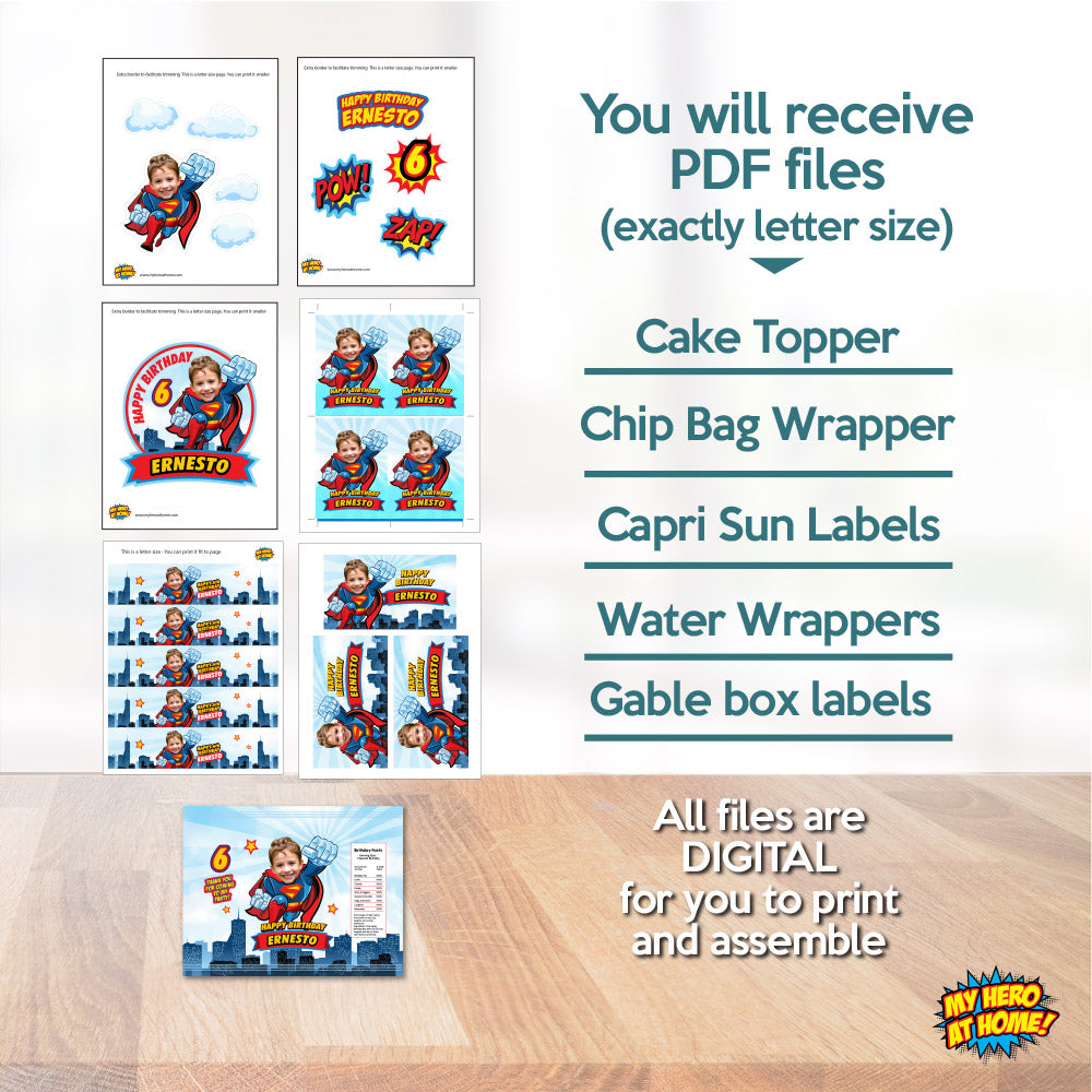 Party Set for Superman matching birthday table items and party favors: Cake Topper, snacks labels, Chip bags wrappers, gift boxes, beverages. 2343B1