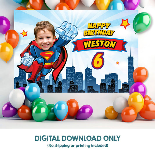 Custom Superman Birthday Backdrop with your kid as a flying Superman, Telon de Superman. 2343BB