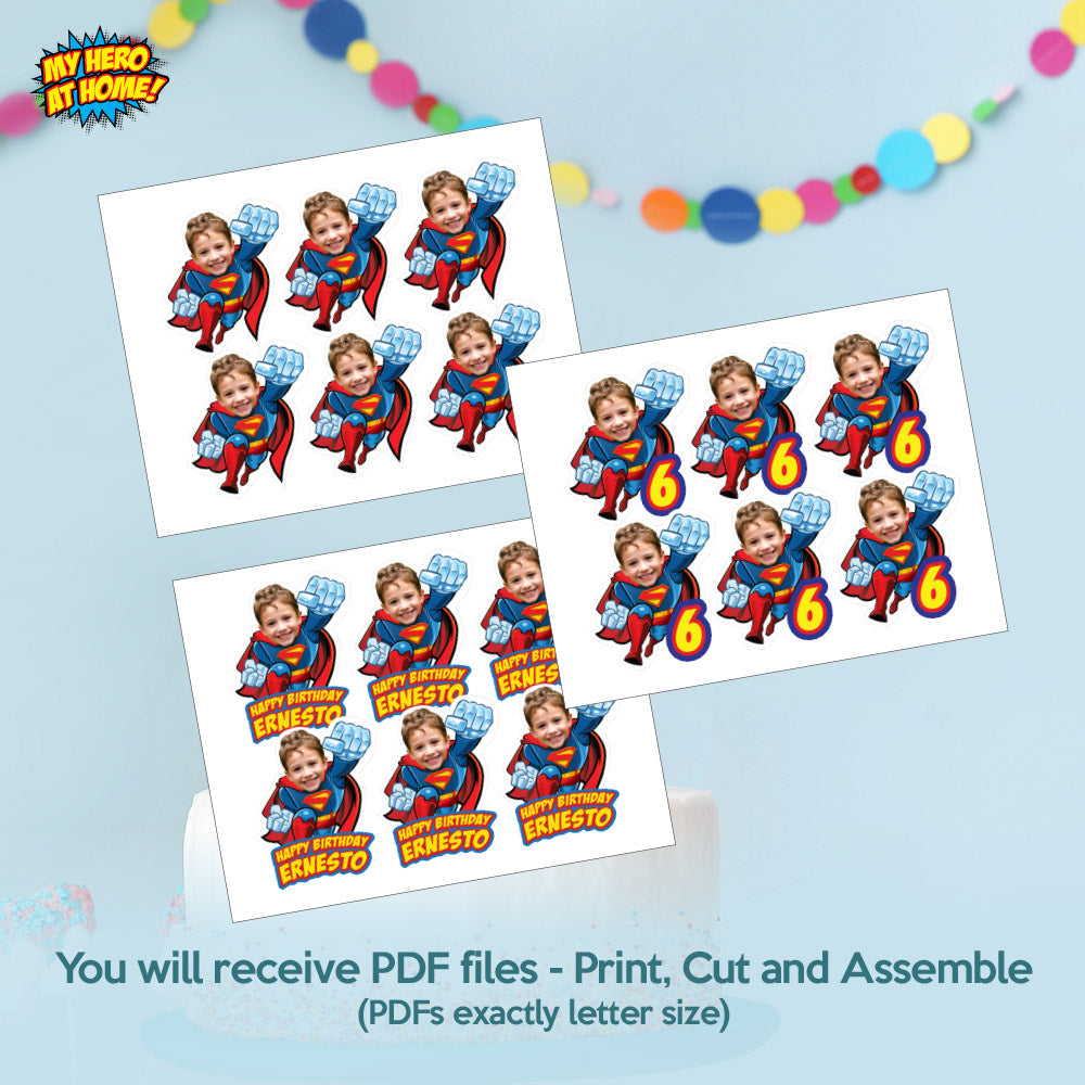 Personalized Superman Cupcake Toppers with your Photo, Superman Party desserts, Print, Cut & Assemble. 2343CK