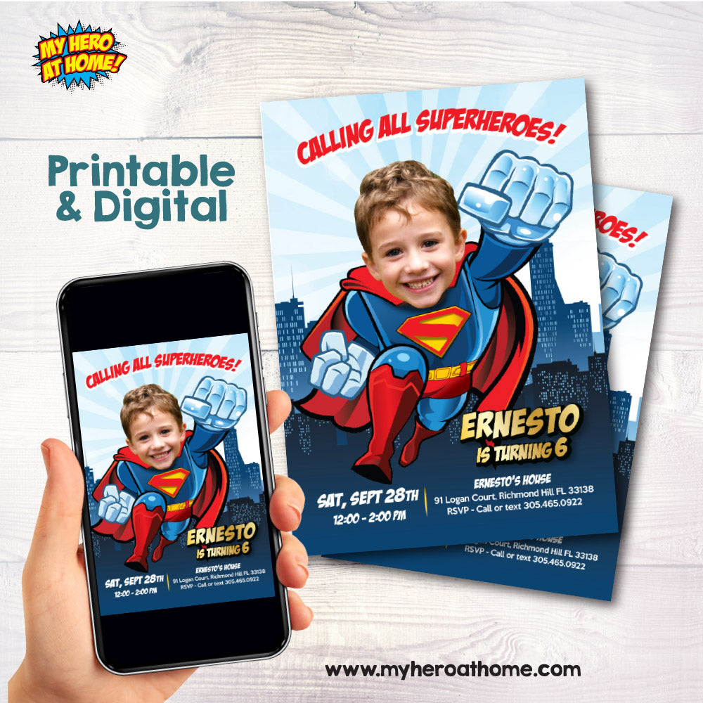 Customized Superman birthday invite with your photo, Superman party template. 2343IN