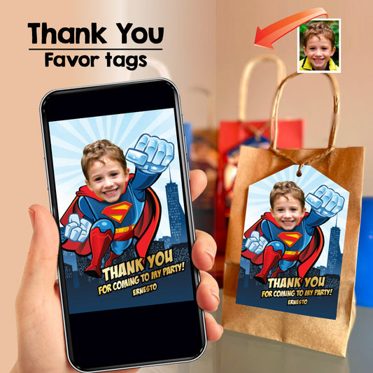 Personalized Super kid party favors tags, Superman Thank you note with photo. 2343TY