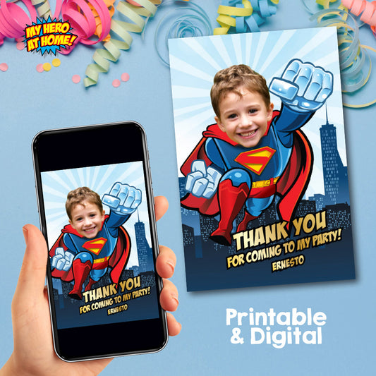 Personalized Super kid party favors tags, Superman Thank you note with photo. 2343TY