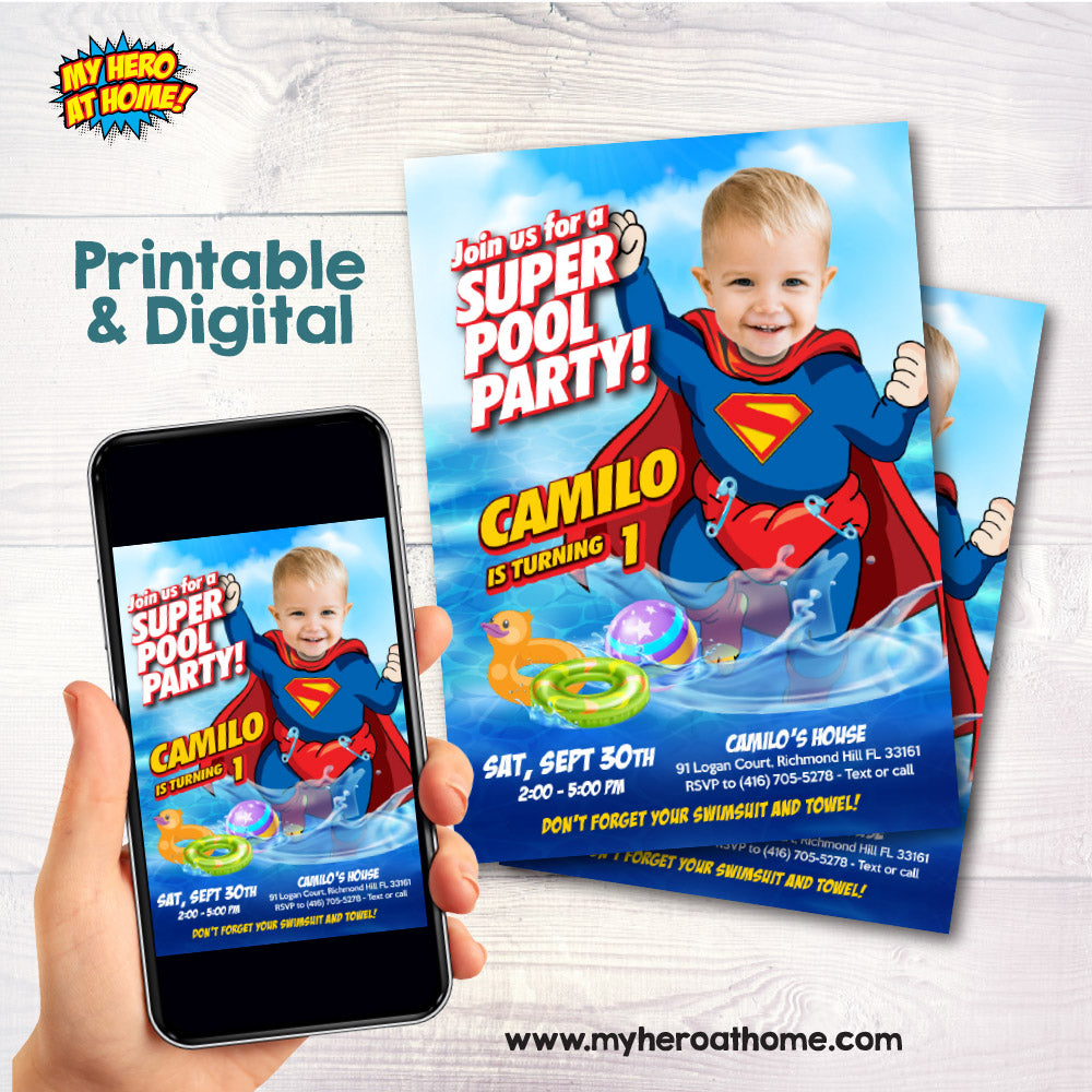 Baby Superman pool party invitation with your photo, Baby Superman photo Pool birthday invite. 2344IN