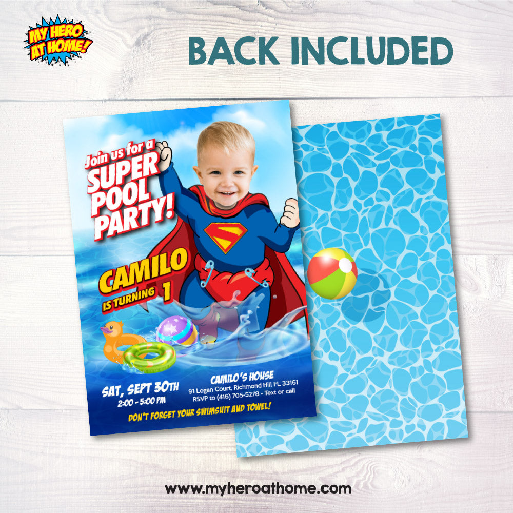 Baby Superman pool party invitation with your photo, Baby Superman photo Pool birthday invite. 2344IN
