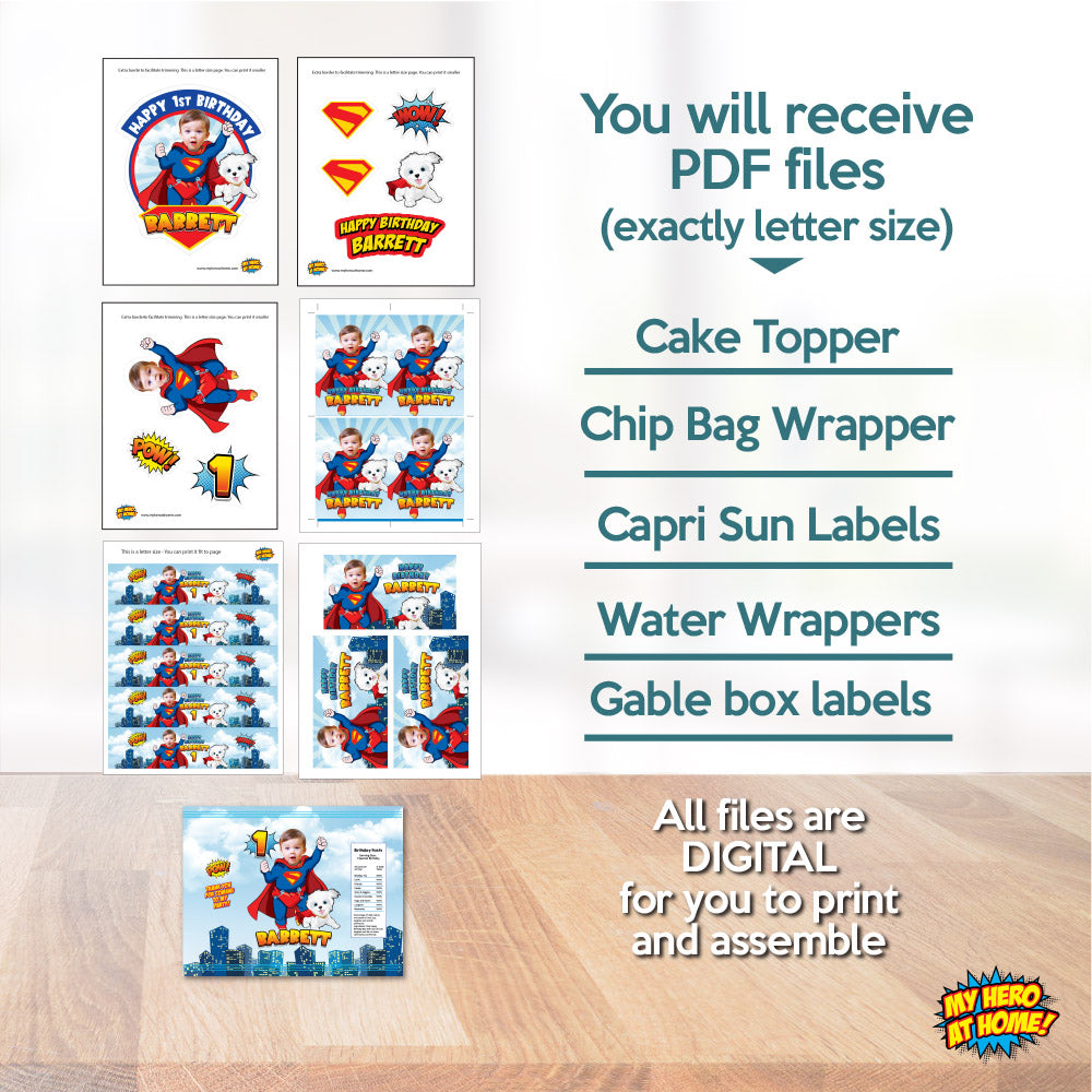 Bundle Baby Superman and Krypto Party table matching items, Cake Topper, snacks labels, Chip bags, Gable box, drink labels. 2351B1