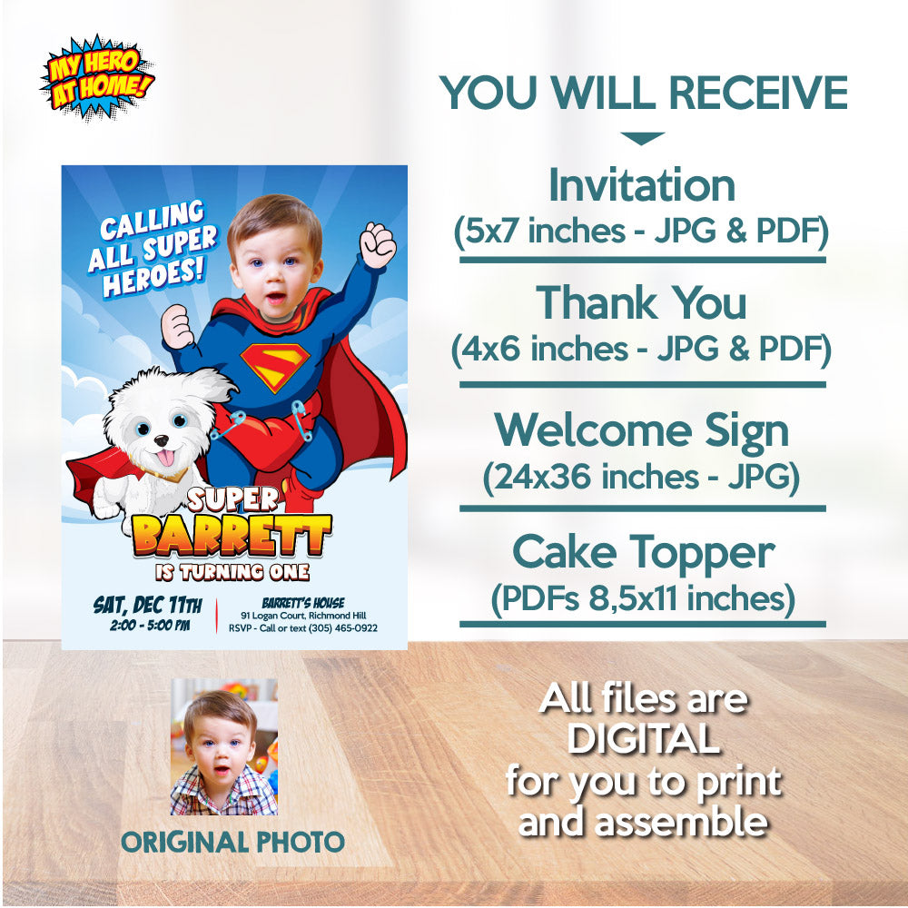 Bundle Baby Superman and Krypto 1st Birthday with your baby as the star, Invitation and Thank you, Cake Topper and Welcome Sign. 2351B2
