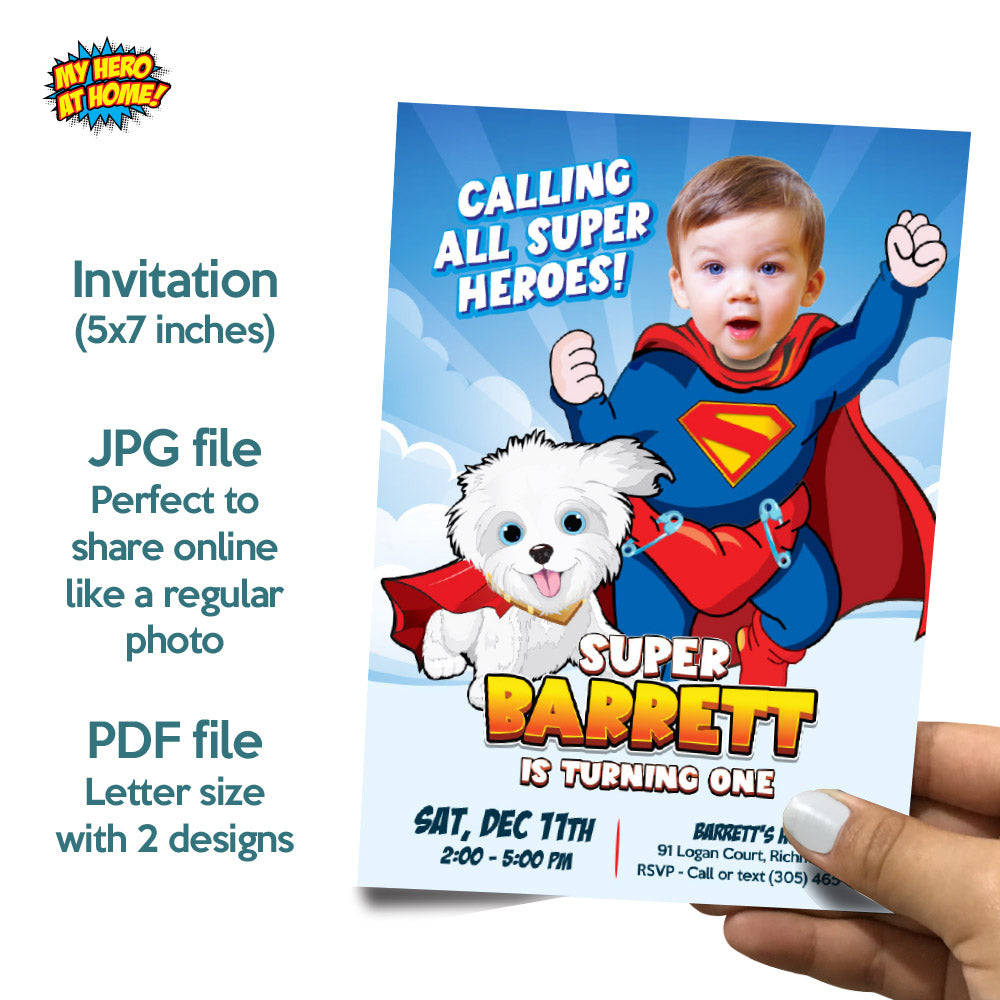 Bundle Baby Superman and Krypto 1st Birthday with your baby as the star, Invitation and Thank you, Cake Topper and Welcome Sign. 2351B2
