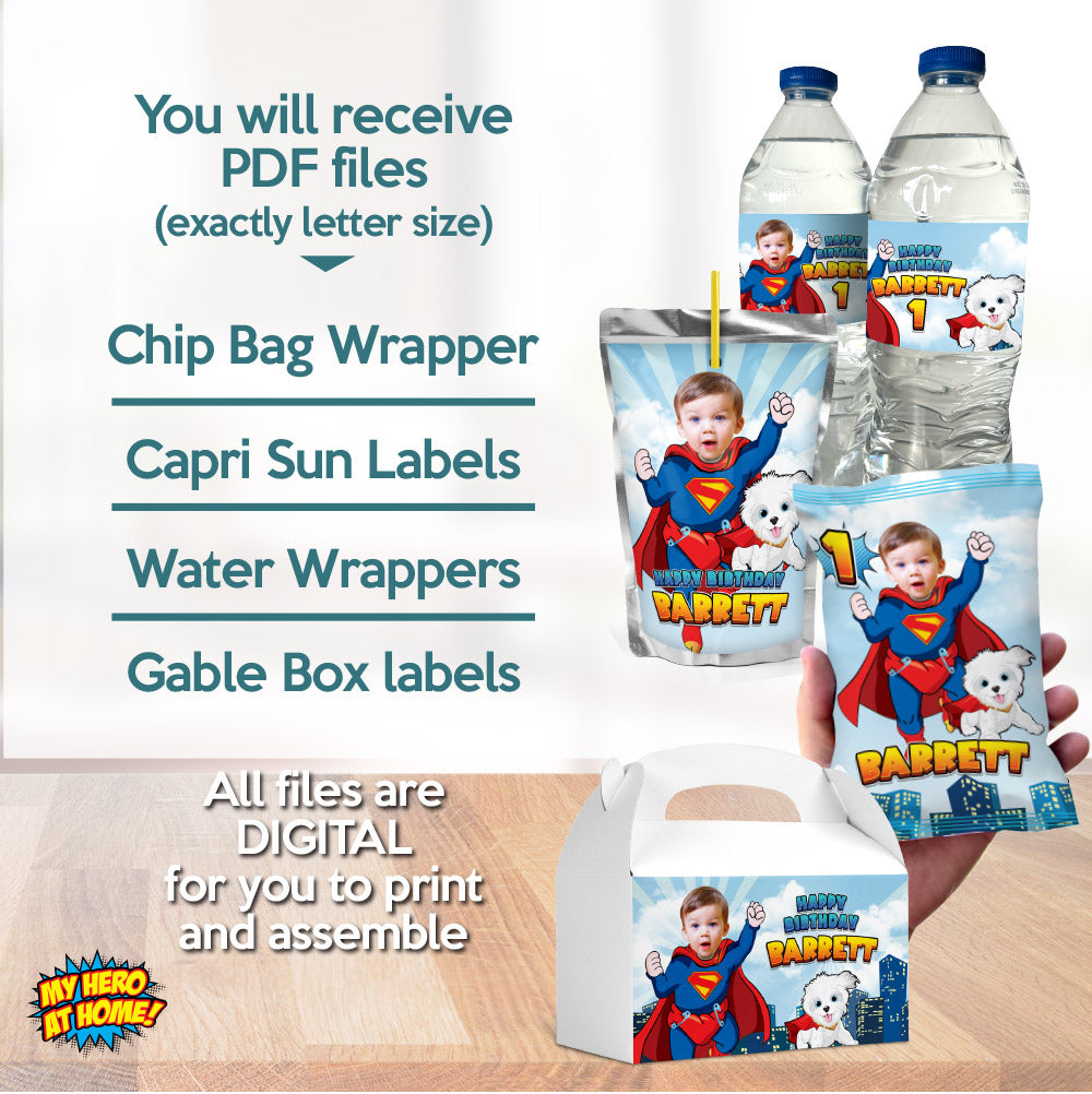 Bundle Baby Superman and Krypto snacks labels, water wrappers and capri sun labels, Potato Chips bags wrapper, Candy box labels. 2351B3