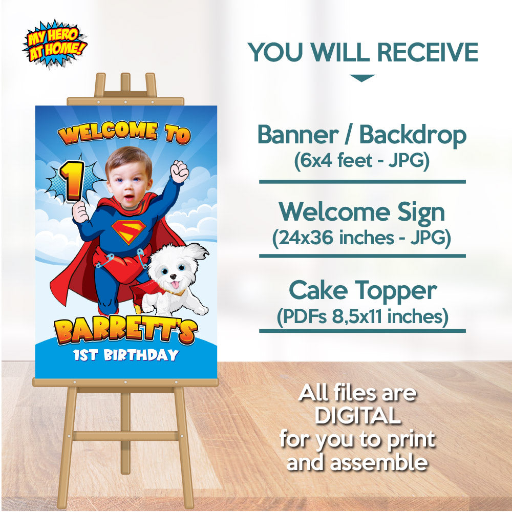 Bundle Baby Superman and Krypto Party decoration with your baby as the star, Custom banner Backdrop, Cake Topper and Welcome Sign. 2351B4