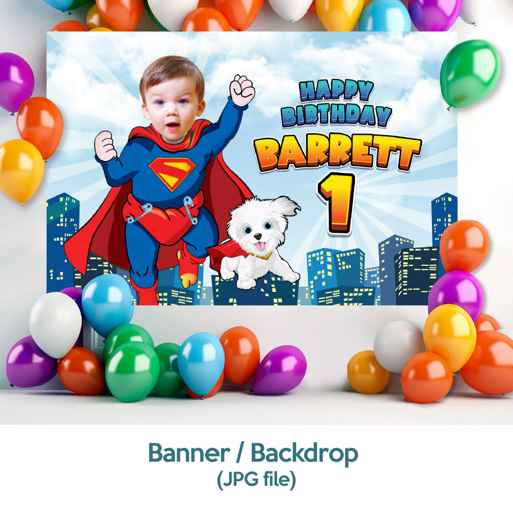 Bundle Baby Superman and Krypto Party decoration with your baby as the star, Custom banner Backdrop, Cake Topper and Welcome Sign. 2351B4