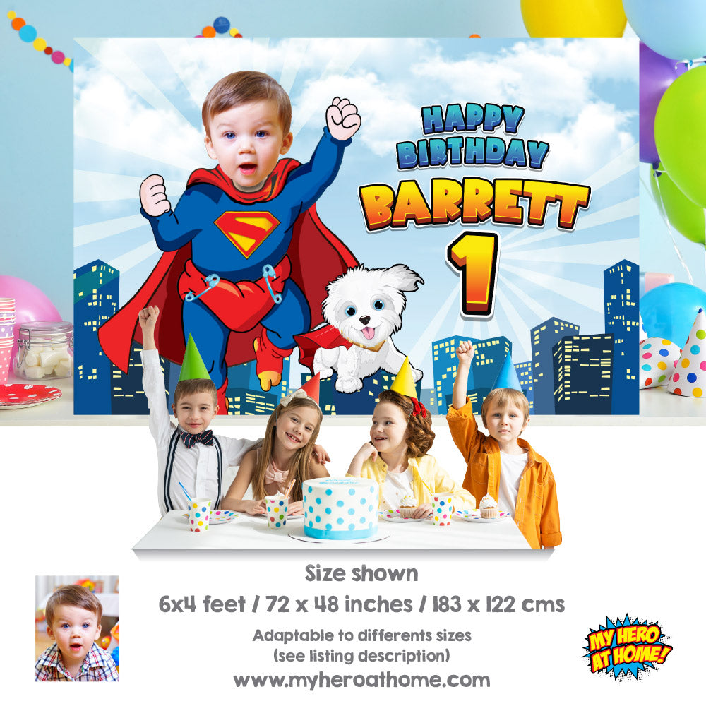 Baby Superman and Krypto Banner with your photo, Custom Superman and Krypto 1st Birthday Backdrop. 2351BB