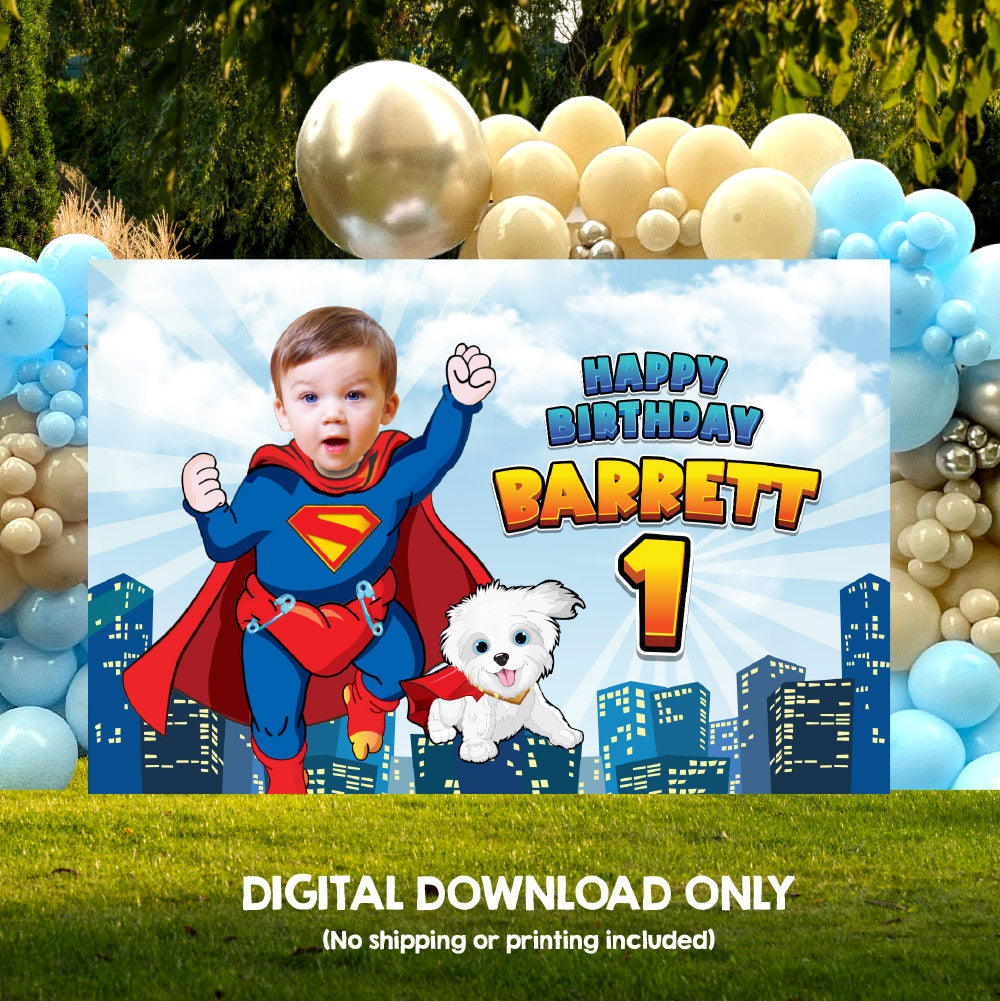 Baby Superman and Krypto Banner with your photo, Custom Superman and Krypto 1st Birthday Backdrop. 2351BB