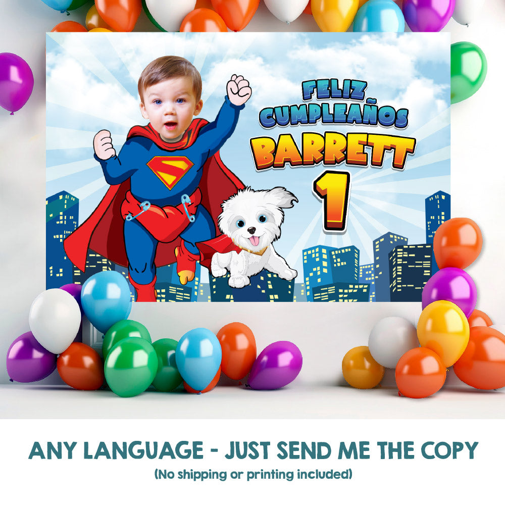 Baby Superman and Krypto Banner with your photo, Custom Superman and Krypto 1st Birthday Backdrop. 2351BB