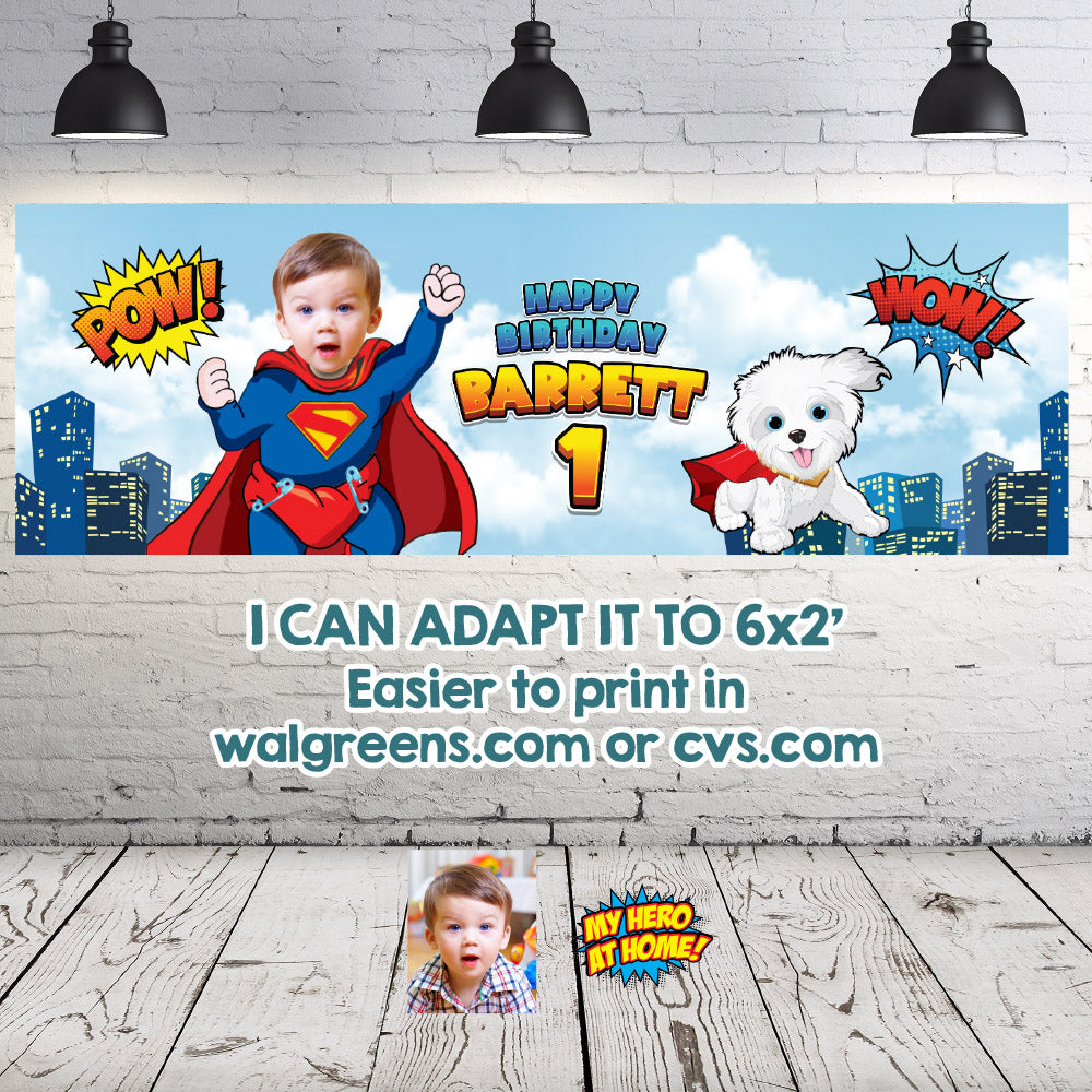 Baby Superman and Krypto Banner with your photo, Custom Superman and Krypto 1st Birthday Backdrop. 2351BB