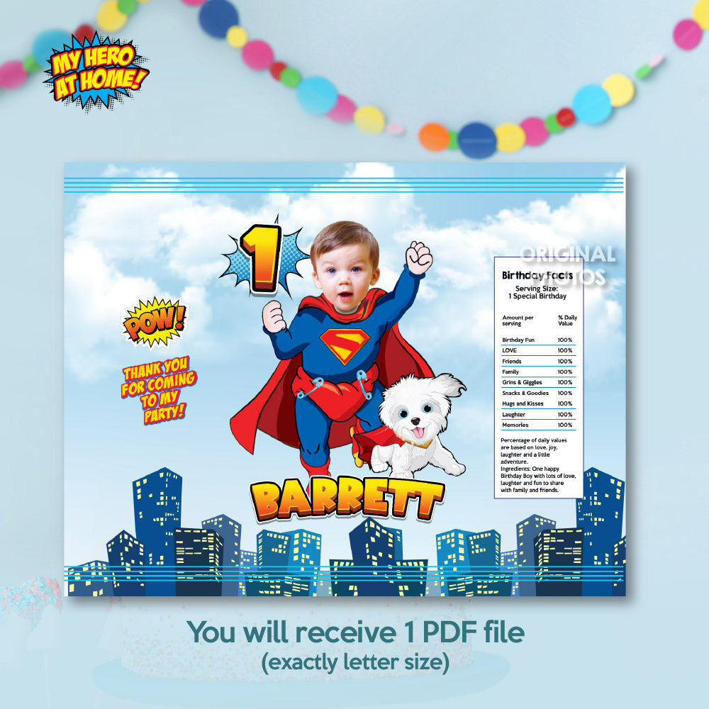 Baby Superman and Krypto chip bags party favors, Super baby and Krypto Chip Bag Wrapper. 2351CB