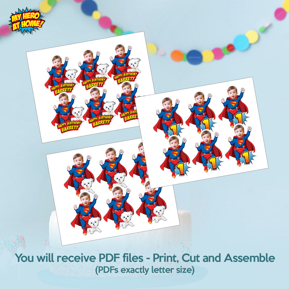 Super Baby and Krypto Cupcake Toppers with your Photo, Baby Superman with Krypto 1st Party Cupcakes. 2351CK