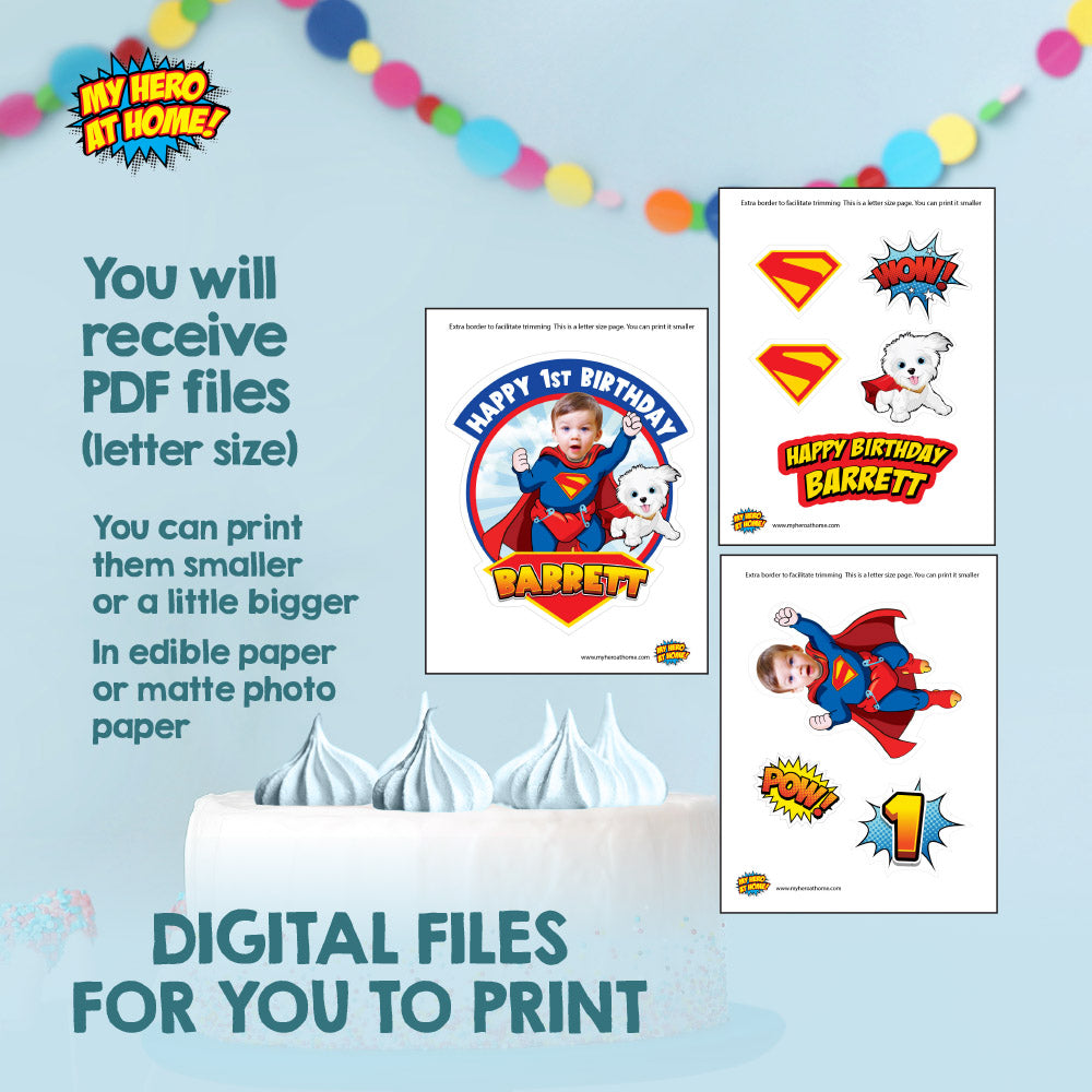 Bundle Baby Superman and Krypto Party table matching items, Cake Topper, snacks labels, Chip bags, Gable box, drink labels. 2351B1