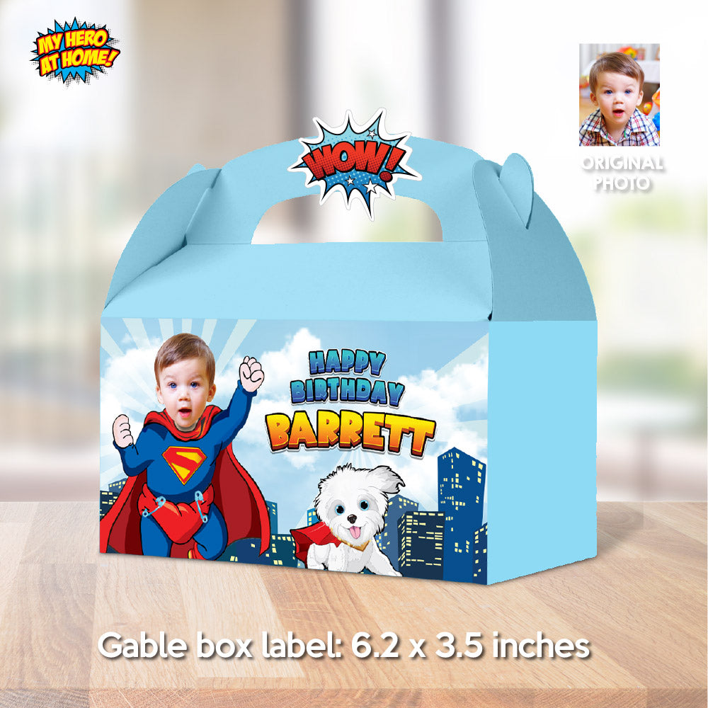 Super Baby Gable Box Candy box label, Baby Superman and Krypto Gift Box with photo, Superman 1st birthday party favors. 2351GB