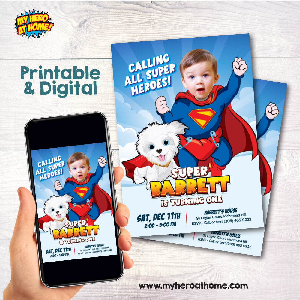 Baby Superman and Puppy Kripto birthday invitation with your kid as the star, Baby Superman and pup Kripto theme, Super baby and Kripto party invite. 2351IN