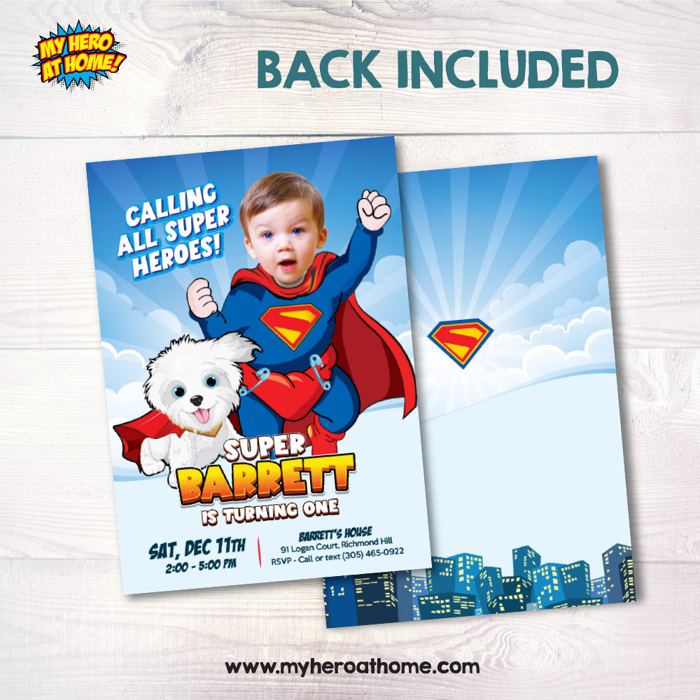 Baby Superman and Puppy Kripto birthday invitation with your kid as the star, Baby Superman and pup Kripto theme, Super baby and Kripto party invite. 2351IN