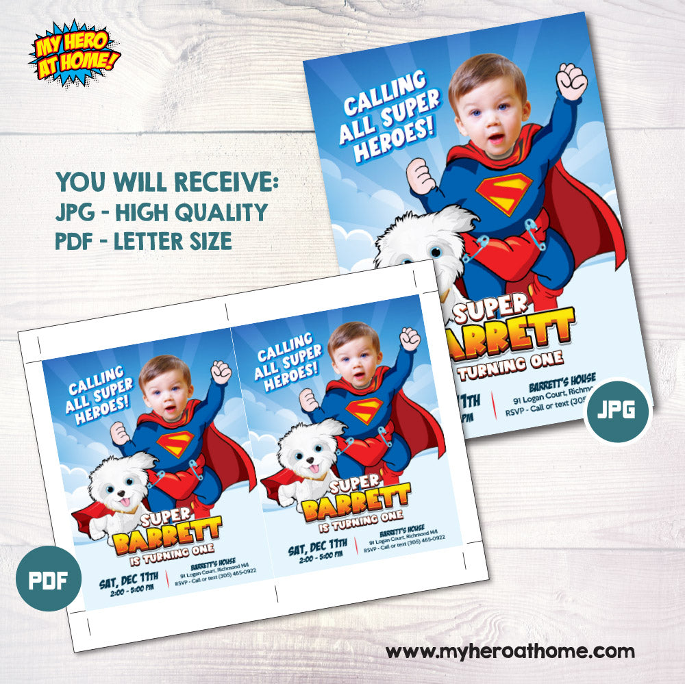 Baby Superman and Puppy Kripto birthday invitation with your kid as the star, Baby Superman and pup Kripto theme, Super baby and Kripto party invite. 2351IN