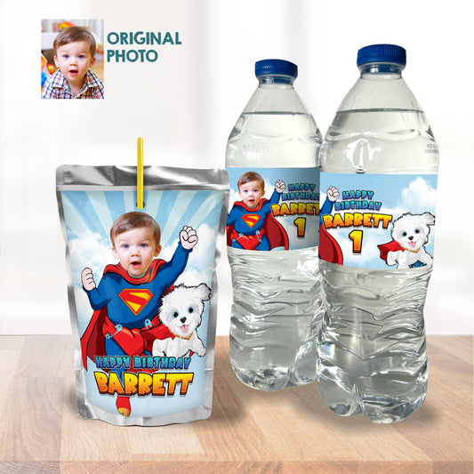 Baby Superman and Krypto water labels wrappers, Baby Superman and Krypto Capri sun labels. 2351WJ