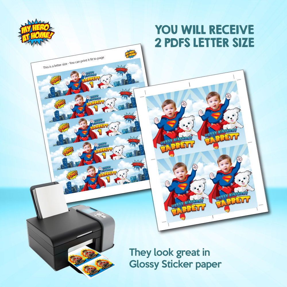 Baby Superman and Krypto water labels wrappers, Baby Superman and Krypto Capri sun labels. 2351WJ