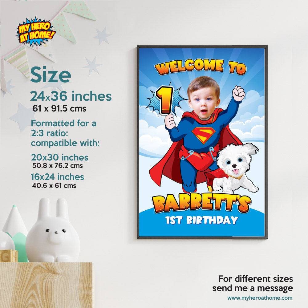 Baby Superman and Krypto Welcome sign with photo, Super baby welcome party, Superman 1st Birthday Sign, Superman and puppy Krypto Party Entrance Print. 2351WS