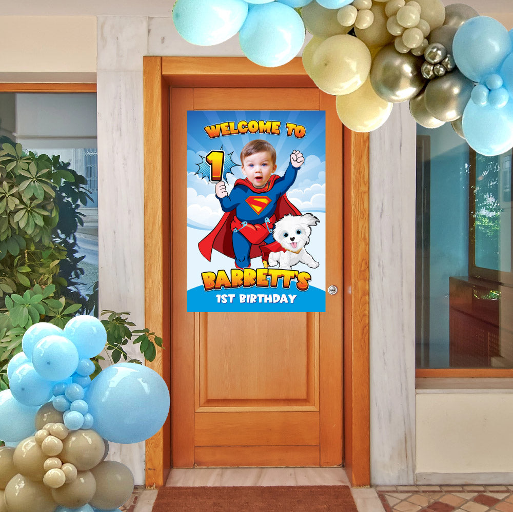 Baby Superman and Krypto Welcome sign with photo, Super baby welcome party, Superman 1st Birthday Sign, Superman and puppy Krypto Party Entrance Print. 2351WS