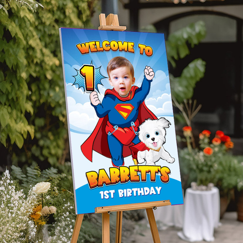 Baby Superman and Krypto Welcome sign with photo, Super baby welcome party, Superman 1st Birthday Sign, Superman and puppy Krypto Party Entrance Print. 2351WS