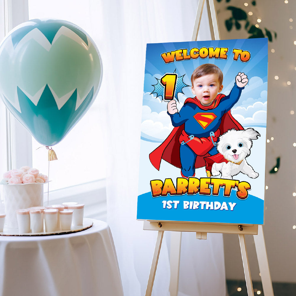 Baby Superman and Krypto Welcome sign with photo, Super baby welcome party, Superman 1st Birthday Sign, Superman and puppy Krypto Party Entrance Print. 2351WS