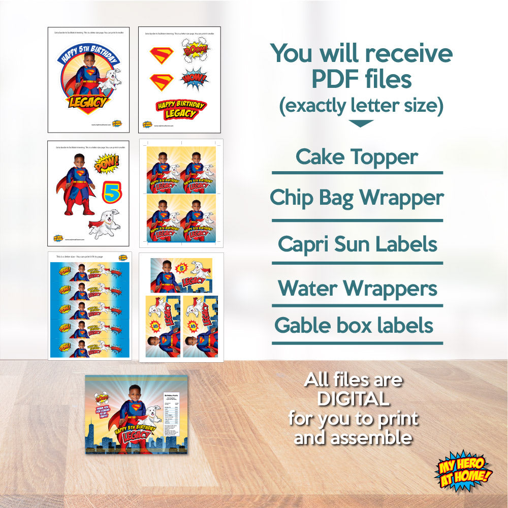 Bundle Superman and Krypto Party table, Cake Topper, snacks labels, Chip bags, Water labels and Gable box. 2352B1