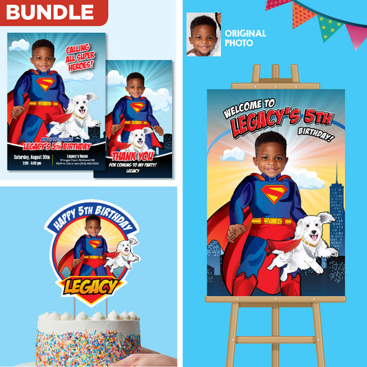 Bundle Superman and Krypto Birthday Matching items, Custom Invitation and Thank you, Cake Topper and Welcome Sign. 2352B2