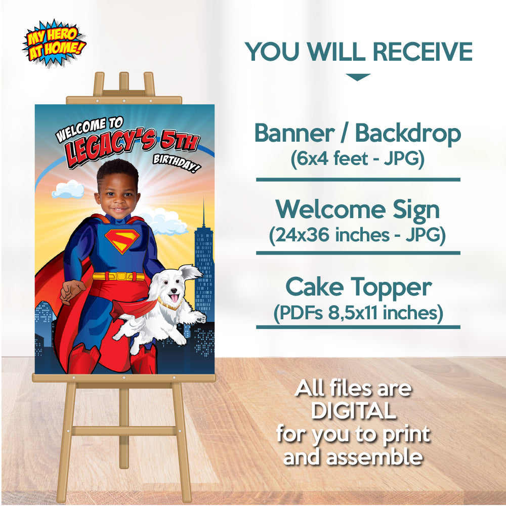 Custom Superman and Krypto Party decoration, Superman and Krypto Banner Backdrop, Cake ideas with Krypto, Superman 2025 Welcome Sign. 2352B4