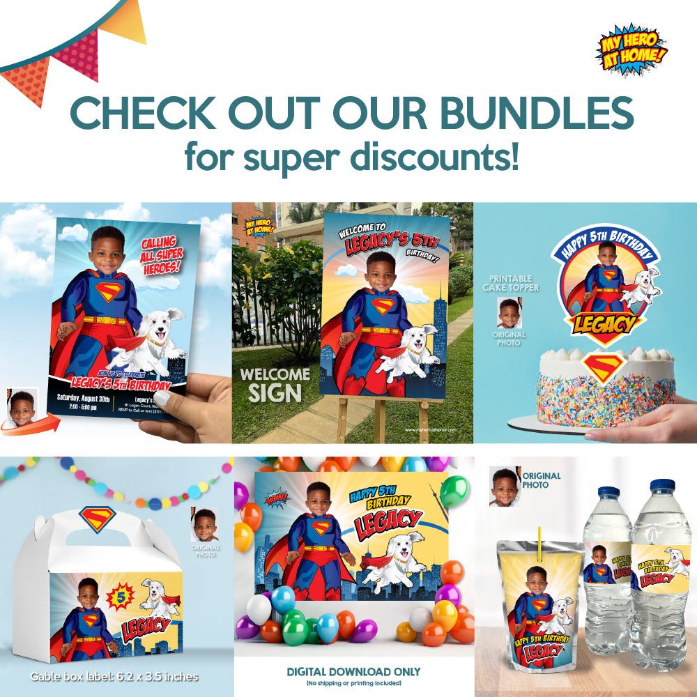 Personalized Superman and Kripto party invitation with your kid as Superman, Superman and Kripto template. 2352IN