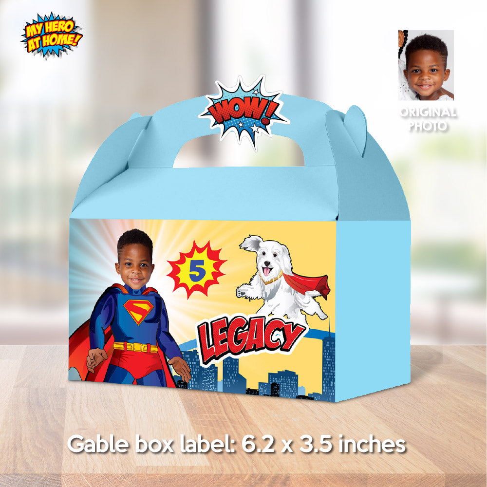 Superman and Krypto Gable Box label, Superkid and Krypto Gift Box with photo, Superman and Krypto Box candy box favor. 2352GB