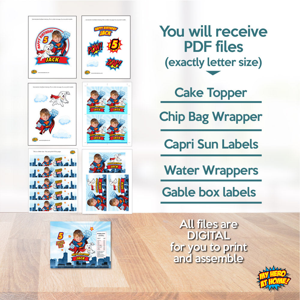 Superman and Krypto Birthday table Bundle, Superman and Krypto Cake ideas, snacks labels, Chip bags, Juices labels and candy box. 2353B1