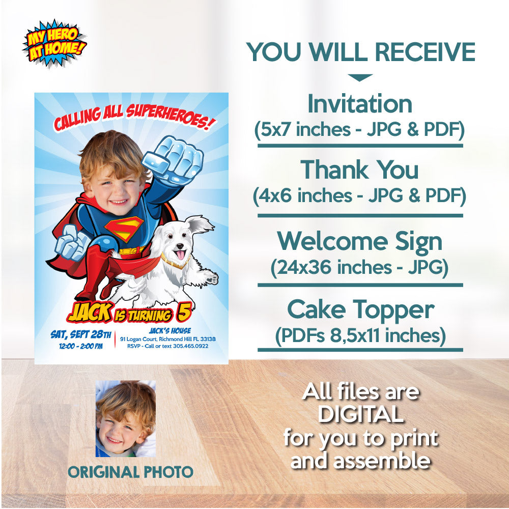 Superman and Krypto Birthday Party Matching decor, Superkid and Krypto Invite and Thanks, Custom Superkid Welcome Sign and Krypto Cake Topper. 2353B2